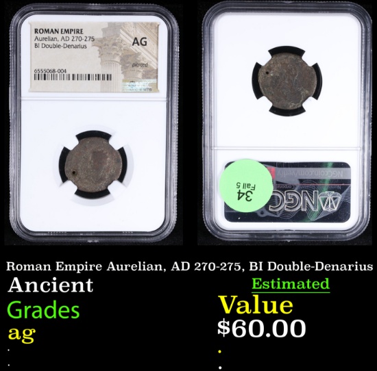 NGC Roman Empire Aurelian, AD 270-275, BI Double-Denarius Graded ag By NGC