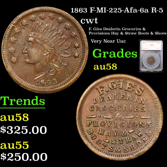 1863 Civil War Token F-MI-225-Afa-6a R-5 1c Graded au58 By SEGS