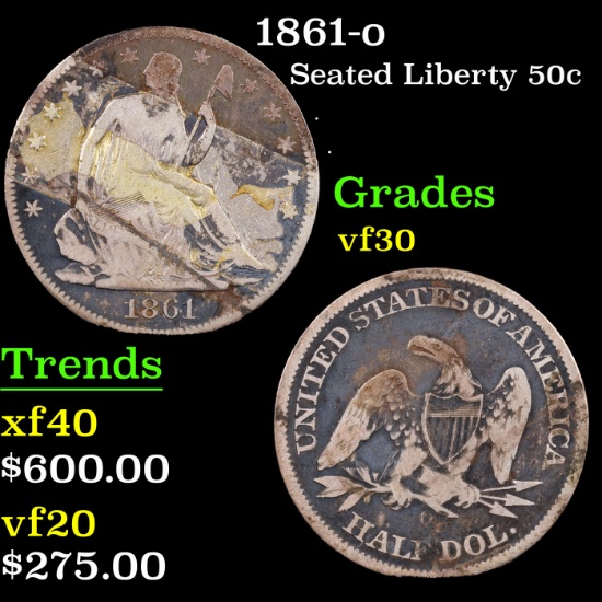 1861-O Seated Half Dollar 50c Grades vf++