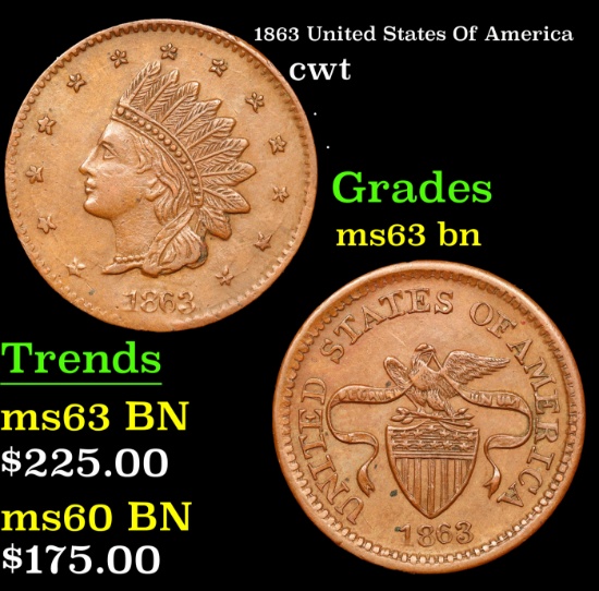1863 United States Of America Civil War Token 1c Grades Select Unc BN
