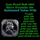Full roll of Proof 1962 Silver Franklin 50c, 20 Coins total Franklin Half Dollar 50c