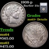 1908-p Barber Quarter 25c Graded ms63+ Details By SEGS