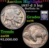 ***Auction Highlight*** 1937-d 3 leg Buffalo Nickel 5c Graded Choice AU/BU Slider By USCG