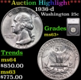 ***Auction Highlight*** 1936-d Washington Quarter 25c Graded ms63+ By SEGS