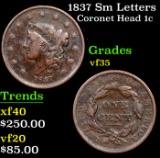 1837 Sm Letters Coronet Head Large Cent 1c Grades vf++