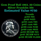 Full roll of Proof 1963 Silver Franklin 50c, 20 Coins total Franklin Half Dollar 50c