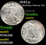 1943-p Walking Liberty Half Dollar 50c Grades Choice+ Unc