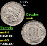 1865 Three Cent Copper Nickel 3cn Grades Choice Unc