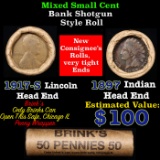 Mixed small cents 1c orig shotgun roll, 1917-s Wheat Cent, 1897 Indian Cent other end, brinks Wrappe