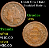 1846 Sm Date  Braided Hair Large Cent 1c Grades vf+