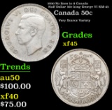 1950 No lines in 0 Canada Half Dollar 50c king George VI KM-45 Grades xf+
