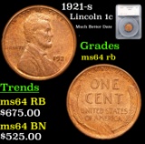 1921-s Lincoln Cent 1c Graded ms64 rb By SEGS