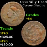 1839 Silly Head Coronet Head Large Cent 1c Grades vf+