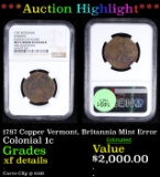 ***Auction Highlight*** NGC 1787 Copper Vermont, Britannia Colonial Cent Mint Error 1c Graded xf det