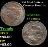 1837 Med Letters Coronet Head Large Cent 1c Grades vf details
