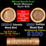 Mixed small cents 1c orig shotgun roll, 1919-s Wheat Cent, 1900 Indian Cent Brinks Wrapper