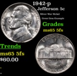 1942-p Jefferson Nickel 5c Grades GEM 5fs