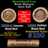Mixed small cents 1c orig shotgun roll, 1919-d Wheat Cent, 1892 Indian Cent other end, brinks Wrappe