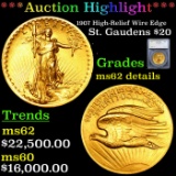 ***Auction Highlight*** 1907 High-Relief Wire Edge Gold St. Gaudens Double Eagle $20 Graded ms62 det