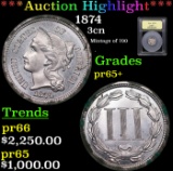 Proof ***Auction Highlight*** 1874 Three Cent Copper Nickel 3cn Graded GEM+ Proof By USCG