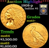 ***Auction Highlight*** 1908-p Gold Indian Half Eagle $5 Graded Select+ Unc By USCG (fc)