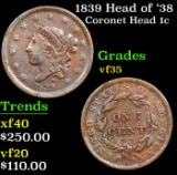 1839 Head of '38 Coronet Head Large Cent 1c Grades vf++