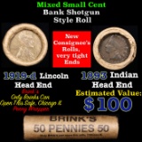 Mixed small cents 1c orig shotgun roll, 1919-d Wheat Cent, 1893 Indian Cent other end, brinks Wrappe