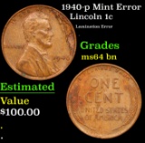 1940-p Lincoln Cent Mint Error 1c Grades Choice Unc BN