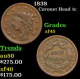 1838 Coronet Head Large Cent 1c Grades xf+