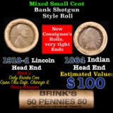 Mixed small cents 1c orig shotgun roll, 1918-d Wheat Cent, 1864 Indian Cent other end, brinks Wrappe
