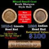 Mixed small cents 1c orig shotgun roll, 1918-d Wheat Cent, 1896 Indian Cent other end, brinks Wrappe