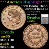 ***Auction Highlight*** 1839 Booby Head Coronet Head Large Cent 1c Graded au58+ By SEGS (fc)