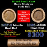 Mixed small cents 1c orig shotgun roll, 1917-d Wheat Cent, 1896 Indian Cent other end, brinks Wrappe