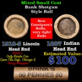 Mixed small cents 1c orig shotgun roll, 1918-s Wheat Cent, 1887 Indian Cent other end, brinks Wrappe