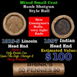 Mixed small cents 1c orig shotgun roll, 1919-s Wheat Cent, 1897 Indian Cent other end, brinks Wrappe