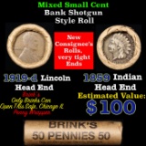 Mixed small cents 1c orig shotgun roll, 1919-d Wheat Cent, 1859 Indian Cent other end, brinks Wrappe