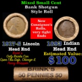 Mixed small cents 1c orig shotgun roll, 1917-s Wheat Cent, 1893 Indian Cent other end, brinks Wrappe