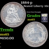 1884-p Seated Liberty Dime 10c Graded GEM Unc By USCG