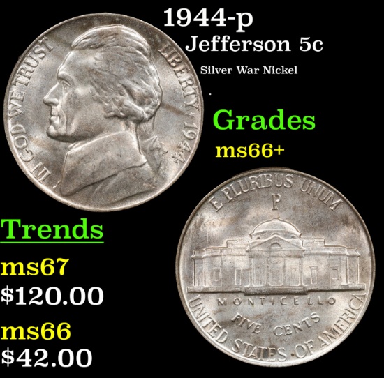 1944-p Jefferson Nickel 5c Grades GEM++ Unc