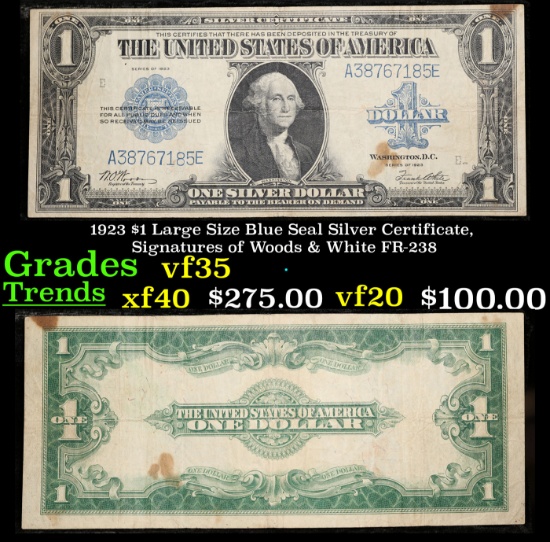 1923 $1 Large Size Blue Seal Silver Certificate, Signatures of Woods & White FR-238 Grades vf++