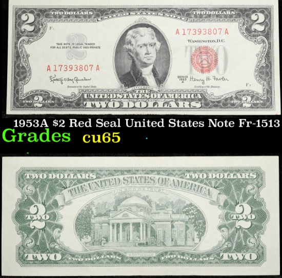 1963A $2 Red Seal United States Note Fr-1513 Grades Gem CU