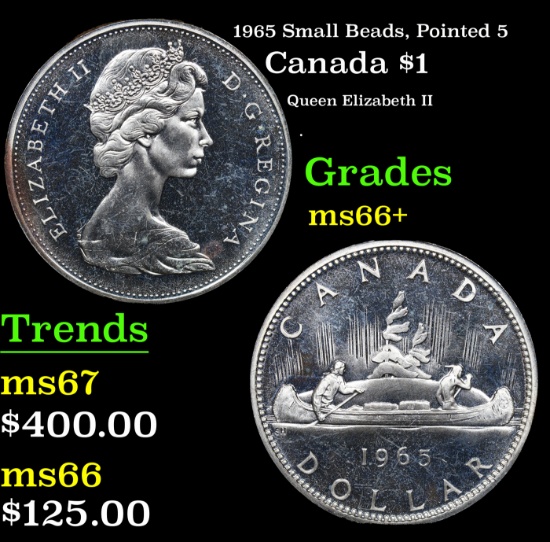 1965 Small Beads, Pointed 5 Canada Dollar $1 Grades GEM++ Unc