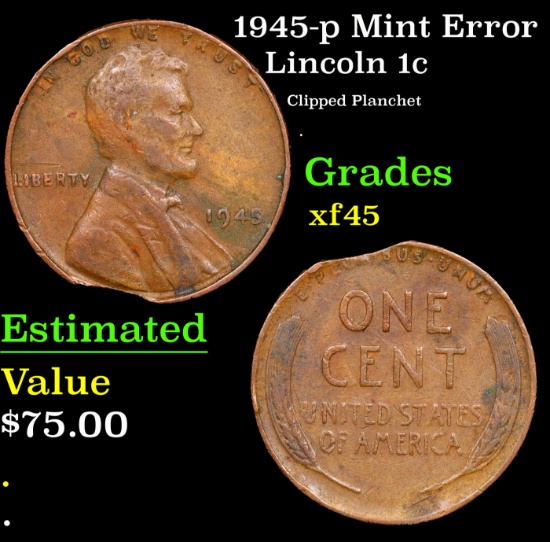 1945-p Lincoln Cent Mint Error 1c Grades xf+