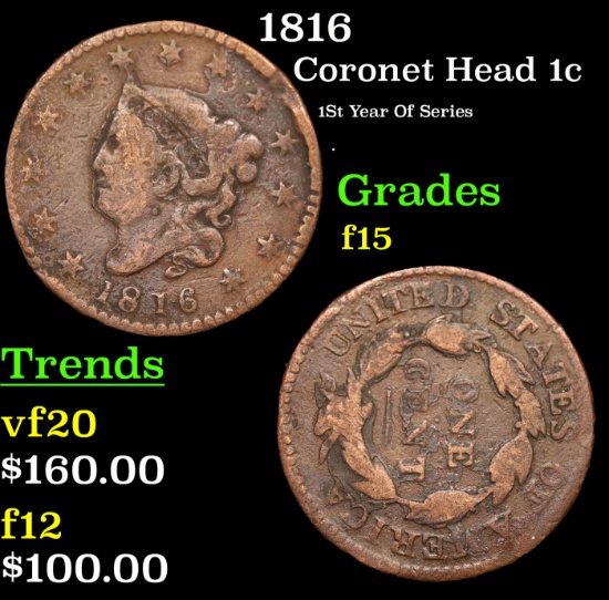1816 Coronet Head Large Cent 1c Grades f+