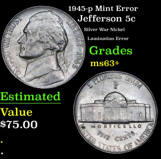 1945-p Jefferson Nickel Mint Error 5c Grades Select+ Unc