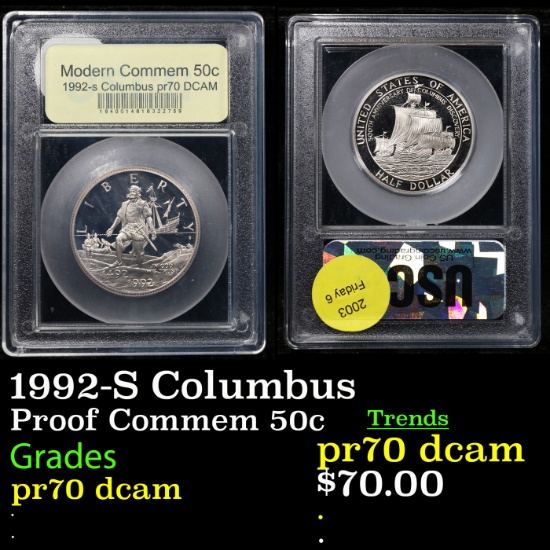 Proof 1992-S Columbus Modern Commem Half Dollar 50c Graded pr70 dcam By USCG