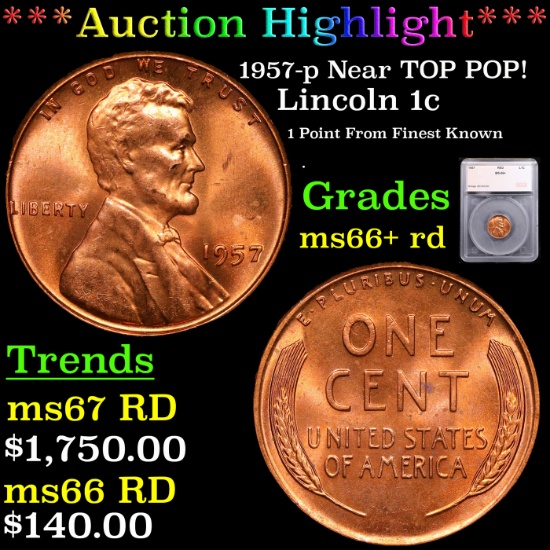 ***Auction Highlight*** 1957-p Lincoln Cent Near TOP POP! 1c Graded ms66+ rd By SEGS (fc)