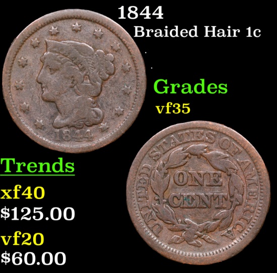 1844 Braided Hair Large Cent 1c Grades vf++