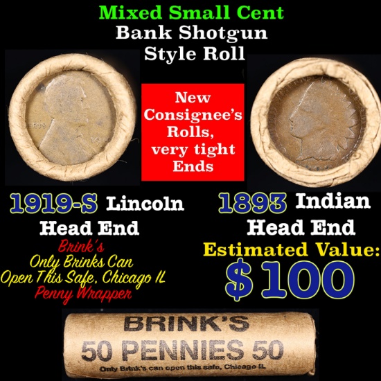 Mixed small cents 1c orig shotgun roll, 1919-s Wheat Cent, 1893 Indian Cent other end, brinks Wrappe