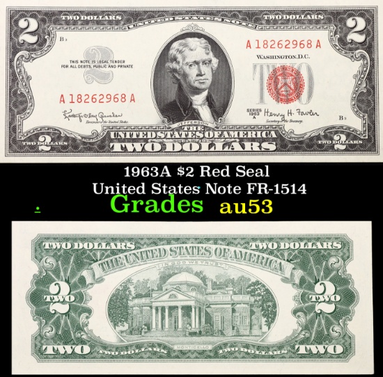 1963A $2 Red Seal United States Note FR-1514 Grades Select AU